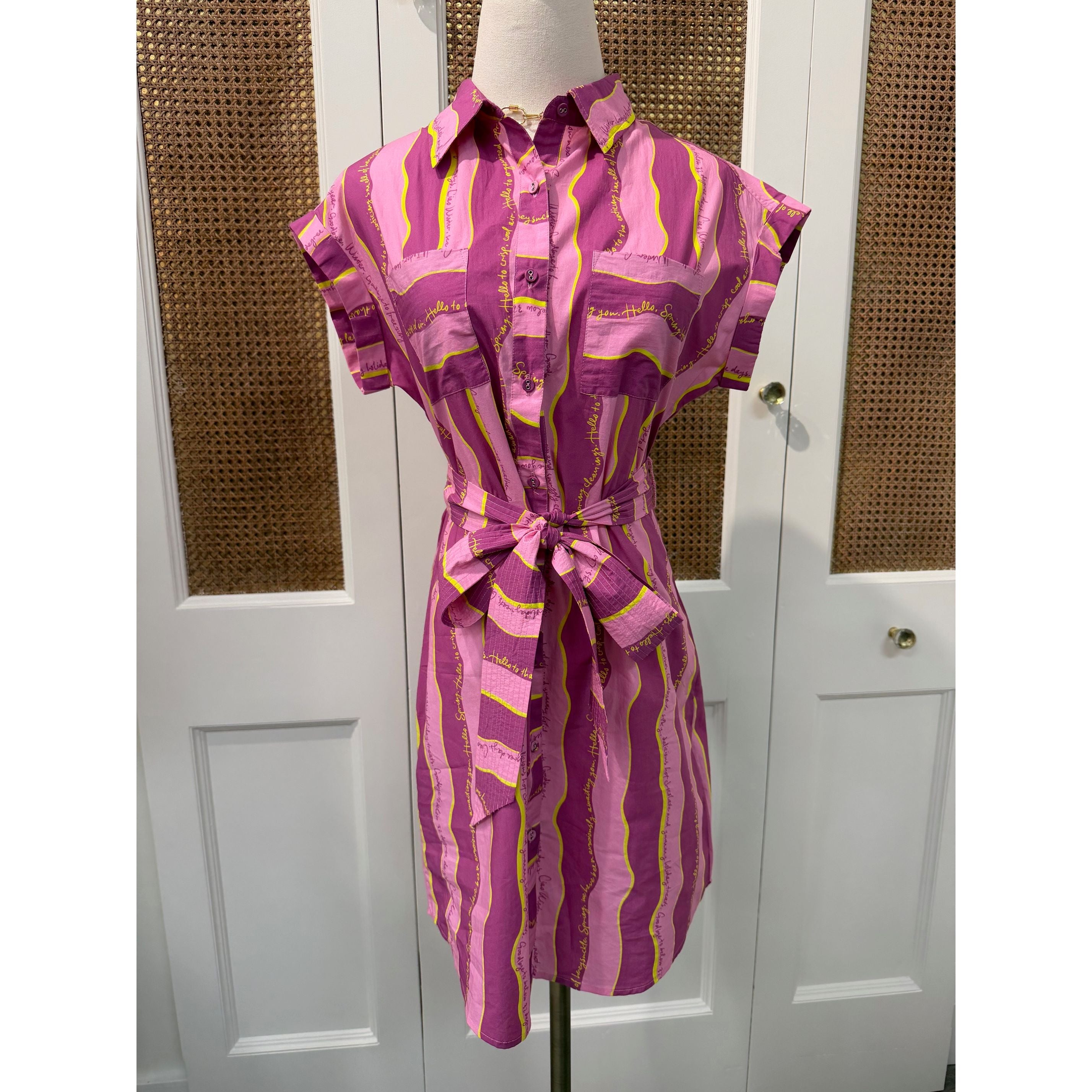 Pink and white striped Alivia Whitney Dress featuring a shirt-style design, perfect for casual or semi-formal wear.