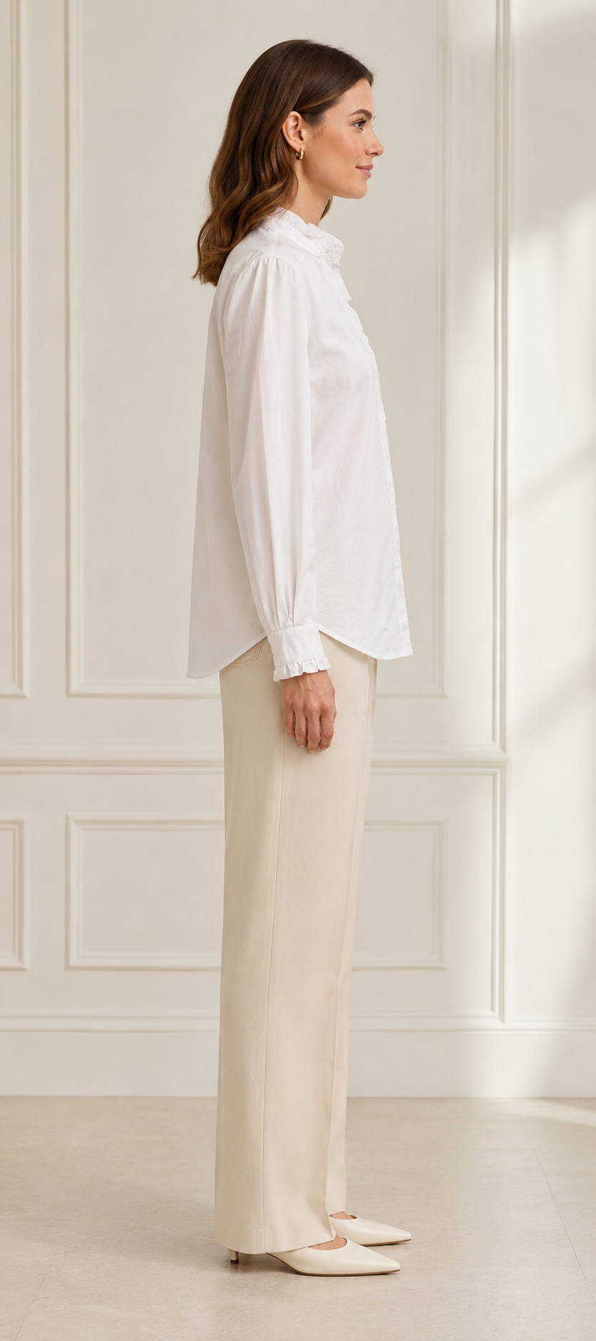 Side — ruffled cuffs and relaxed silhouette