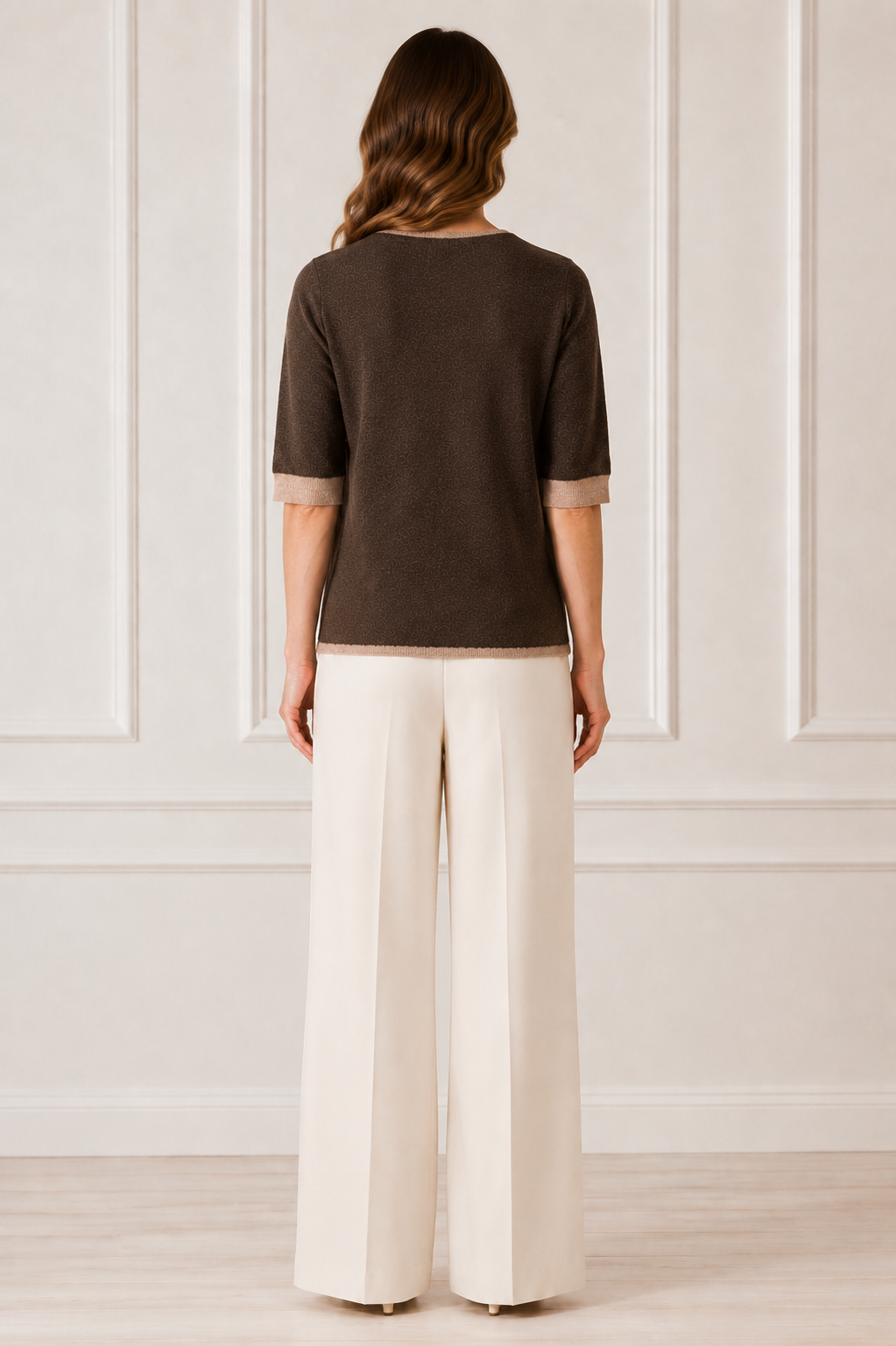 Another Love Dera Top in chocolate brown, short-sleeve knit sweater with oatmeal contrast cuffs and banded hem, back view. Style#VCSW3442DRR
