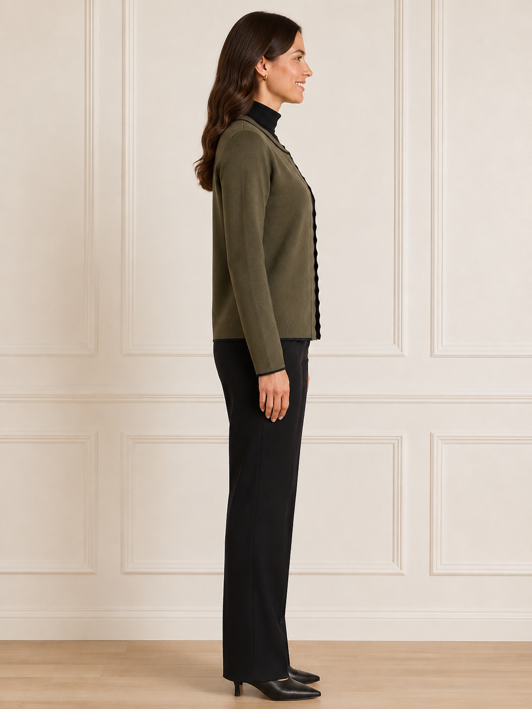 Another Love Zoellie Cardigan in olive rosemary, long-sleeve open-front cardigan with scalloped black trim, side view