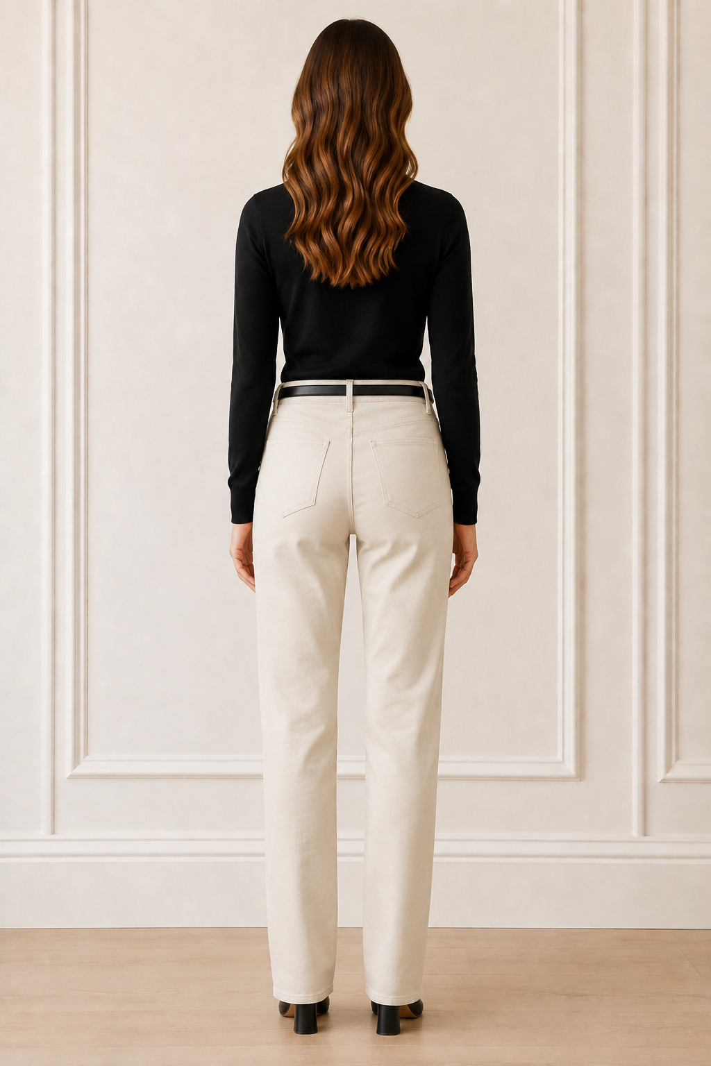 Another Love Barie Pants in oyster cream vegan leather, high-rise straight leg with back pockets, back view