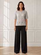 Another Love Amila Top in heather gray, short-sleeve pointelle knit sweater with banded hem, front view