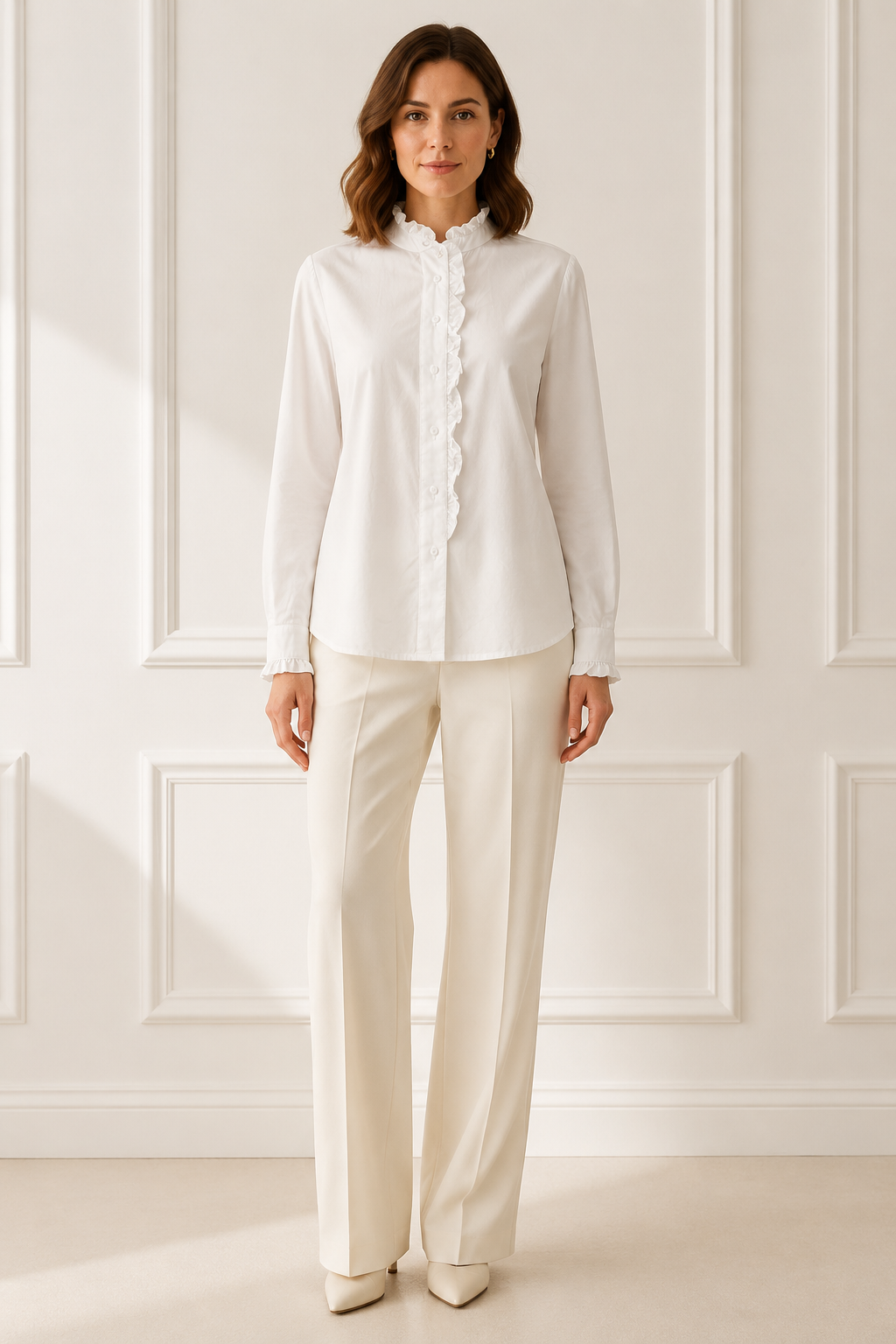 Front — scalloped ruffle collar and front placket