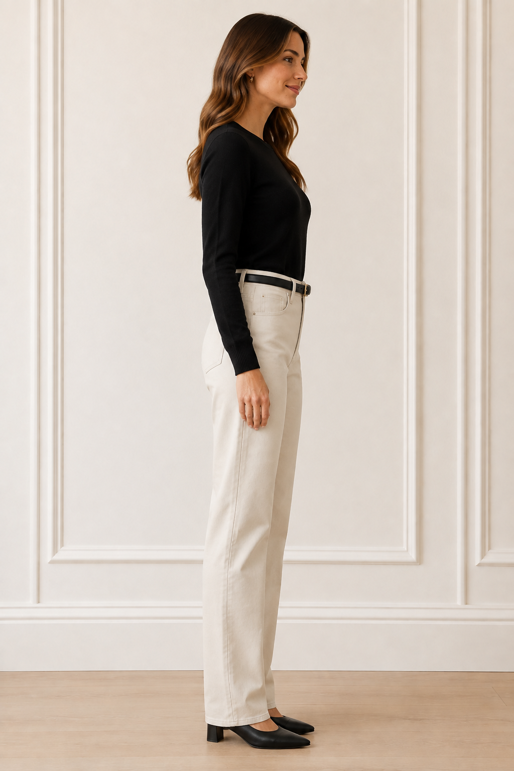 Another Love Barie Pants in oyster cream vegan leather, high-rise straight leg with seam detail, side view