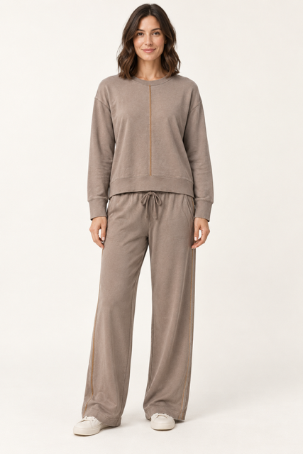 Carlo Top by Another Love in Hazelwood, front view showing crewneck, dropped shoulders, long sleeves, and center seam