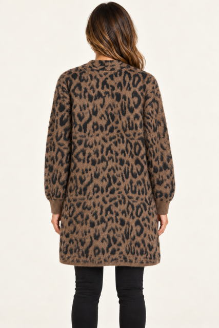 Devine Cardigan by Another Love in French Roast leopard, back view showing longline silhouette and long sleeves