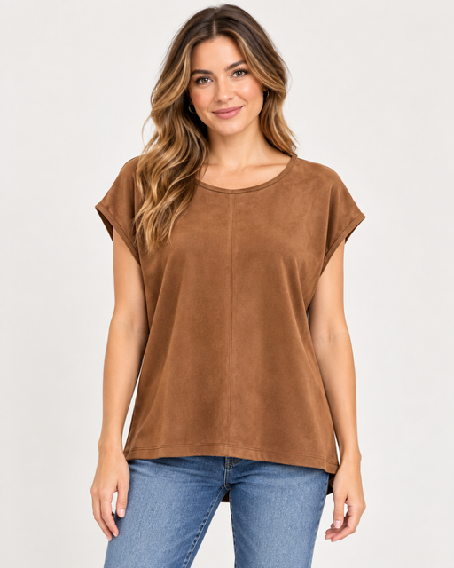 Lacy Top by Another Love in brown with a round neckline, short dolman sleeves and center seam, front view