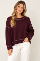Millie Sweater by Another Love in burgundy with contrast embroidery at neckline, shoulders, cuffs and hem, front view Style#VCSW3352BOX
