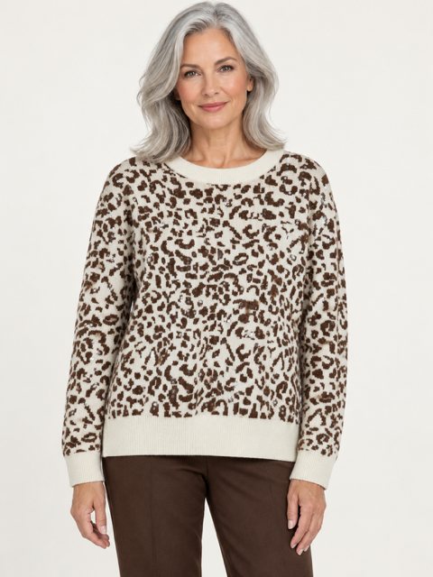 Mina Sweater by Another Love, front view with sequined leopard pattern, cream crewneck, cuffs, and hem