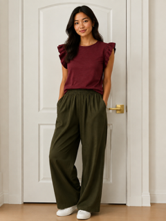 North Top Merlot by Another Love — crew neck, flutter sleeves, relaxed fit, slub knit | Marj & Lizzie