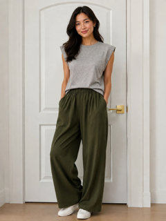 Another Love Paris Pants Olive Green — relaxed wide-leg pant, elastic waist, straight leg, front view | Marj & Lizzie