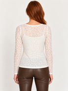 Rafaela Top by Another Love in ivory, back view showing velvet burnout pattern, sheer upper back, and long sleeves