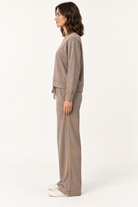 Zahara Pant by Another Love in taupe, side view showing contrasting trim along the full-length straight leg