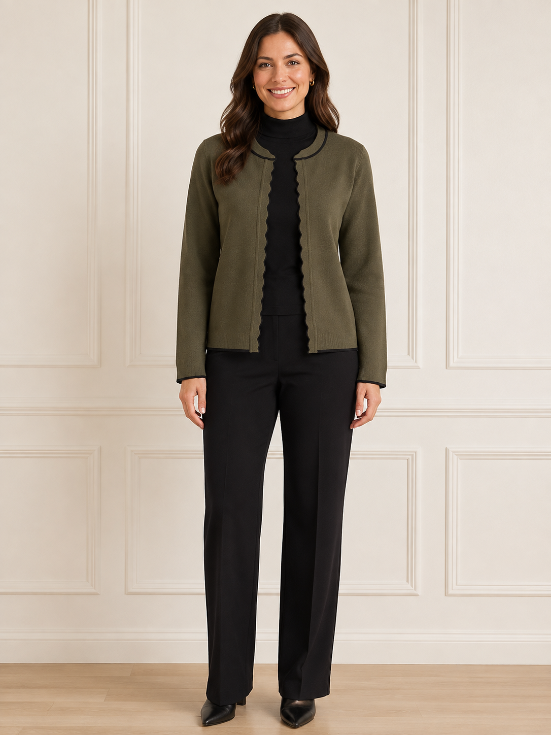 Another Love Zoellie Cardigan in olive rosemary, open-front with scalloped black trim along neckline and hem, front view