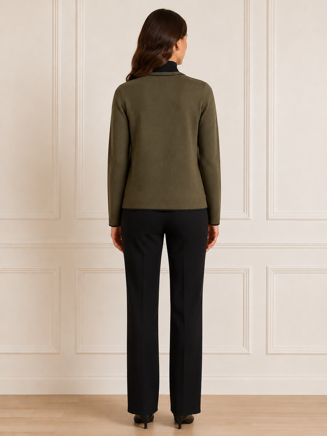 Another Love Zoellie Cardigan in olive rosemary, open-front cardigan with ribbed banded hem and black cuffs, back view