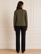 Another Love Zoellie Cardigan in olive rosemary, open-front cardigan with ribbed banded hem and black cuffs, back view