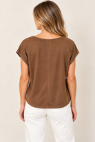 Lacy Top by Another Love in brown with short dolman sleeves, center back seam and curved hem, back view⠋