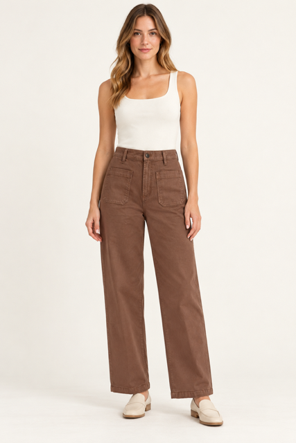 Bristol Pant Brown by Another Love, front view showing high waist, front patch pockets, and wide legs