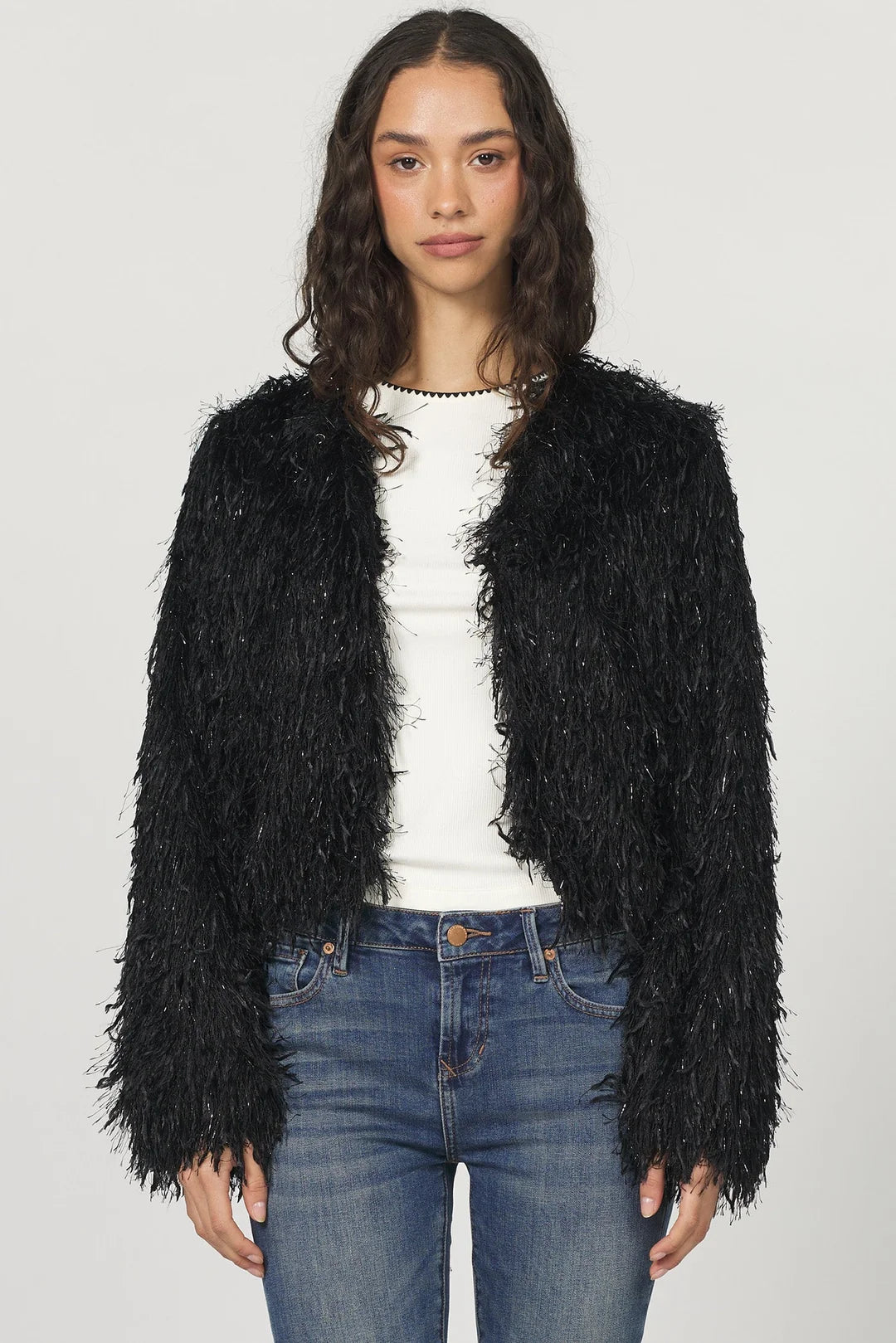 black shaggy faux-fur cropped jacket