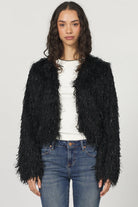 black shaggy faux-fur cropped jacket