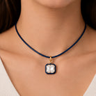 Aurora Pendant Necklace Navy by Smith and Co. Design — square crystal pendant with gold border on navy cord