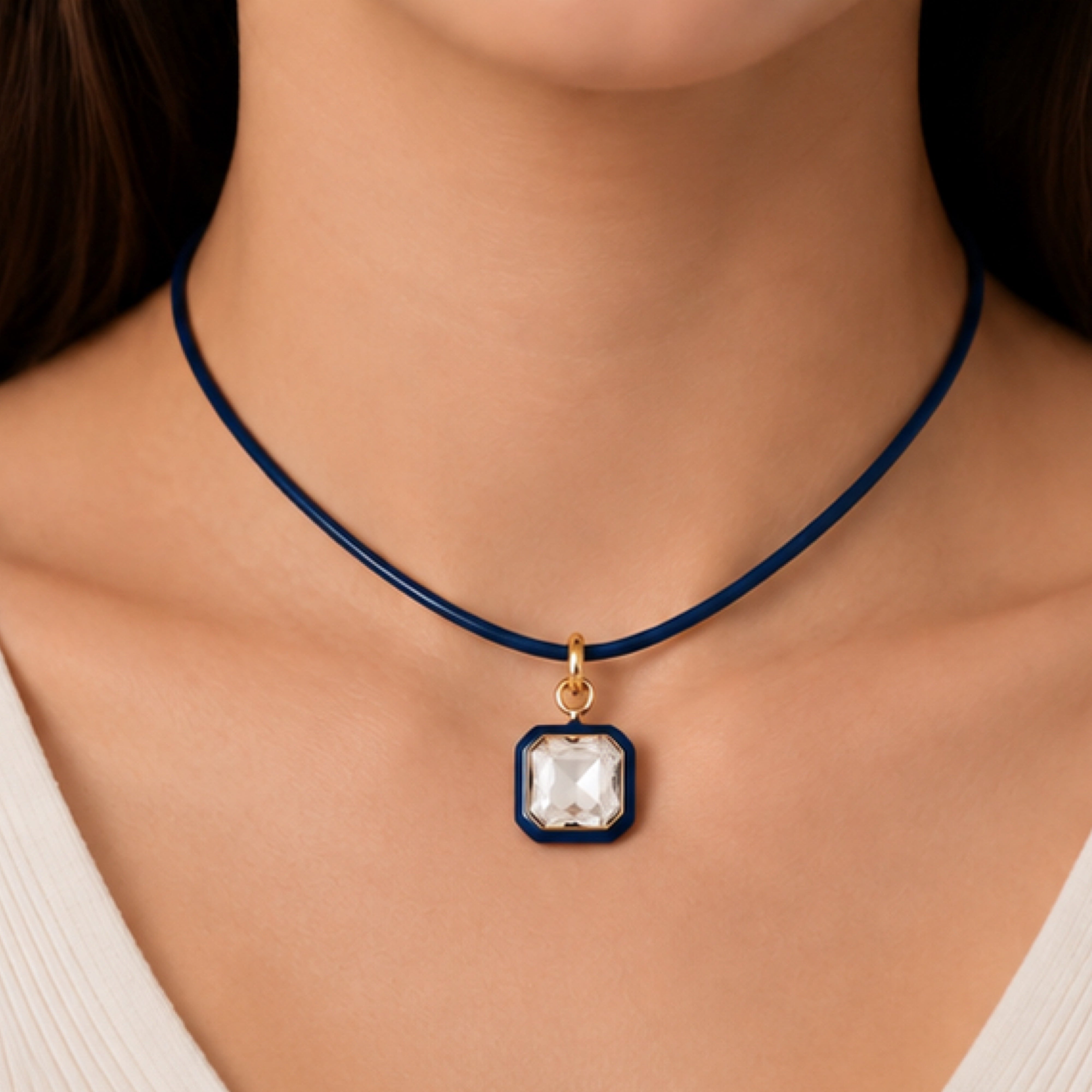 Aurora Pendant Necklace Navy by Smith and Co. Design — square crystal pendant with gold border on navy cord