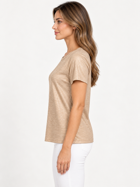 Shyama Top by Another Love in Heathered Gold, side view showing short sleeves and relaxed silhouette