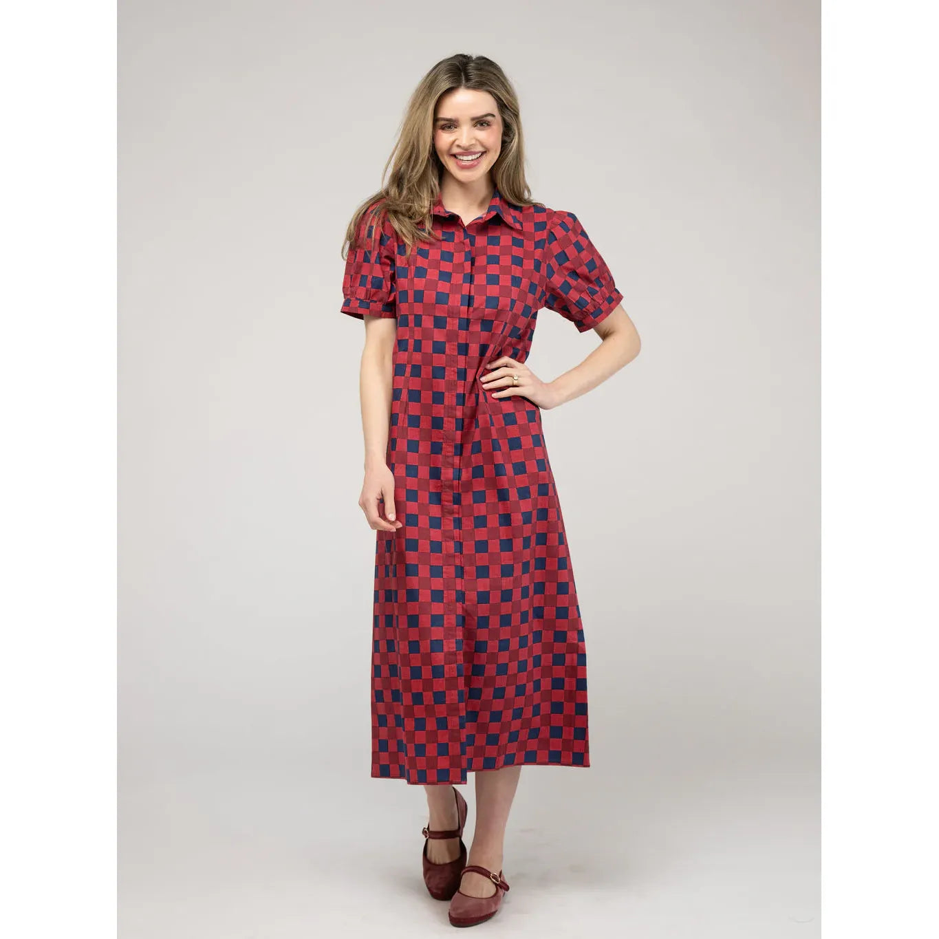 Beau & Ro Kris Cranberry Dress featuring a checkered pattern with block color design, sleeveless with a fitted silhouette.