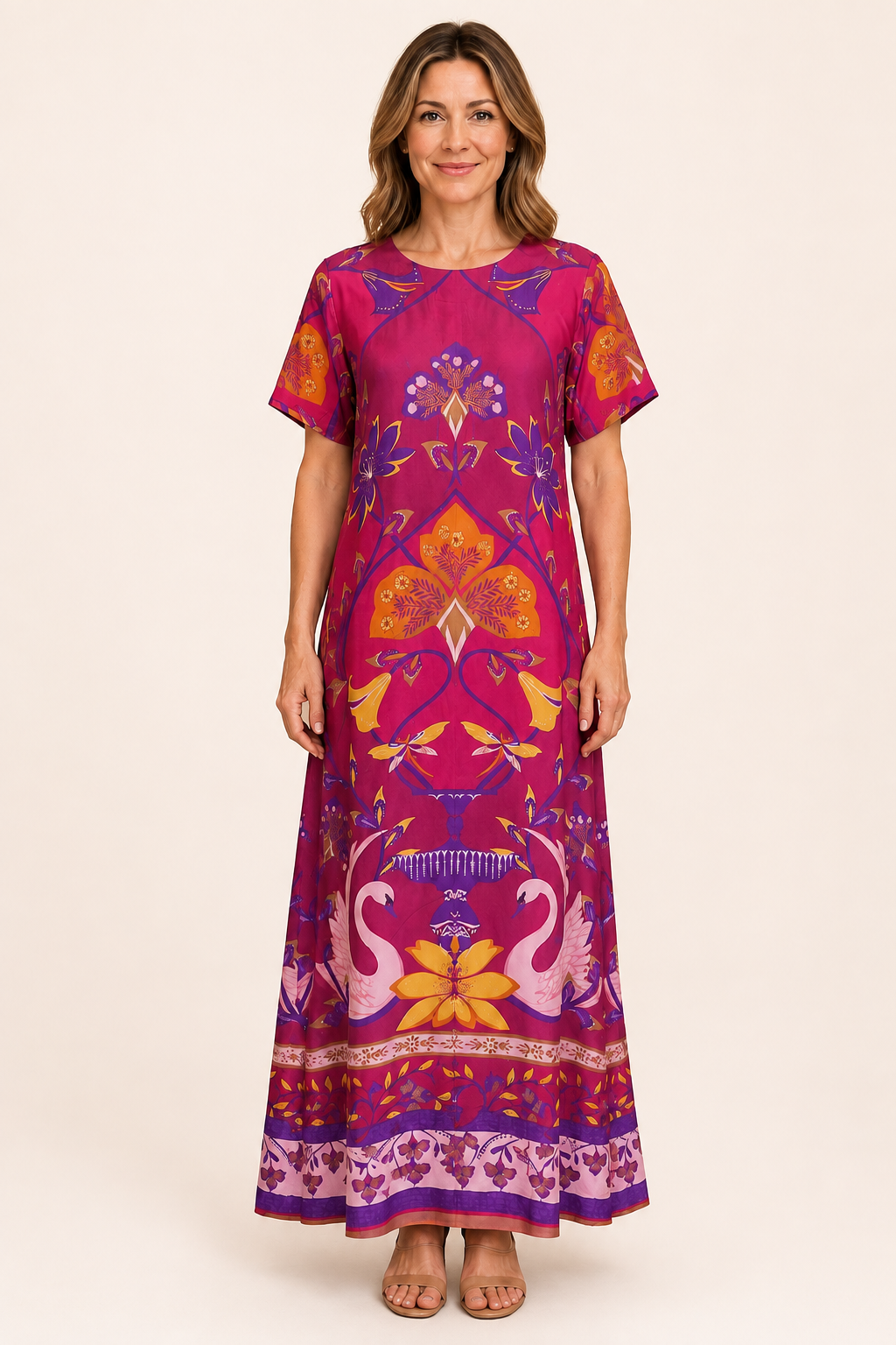 Briton Court Diana Maxi Dress in Sunset Swans print, magenta botanical and swan print with border hem, crew neck short sleeve, front view. style#3913