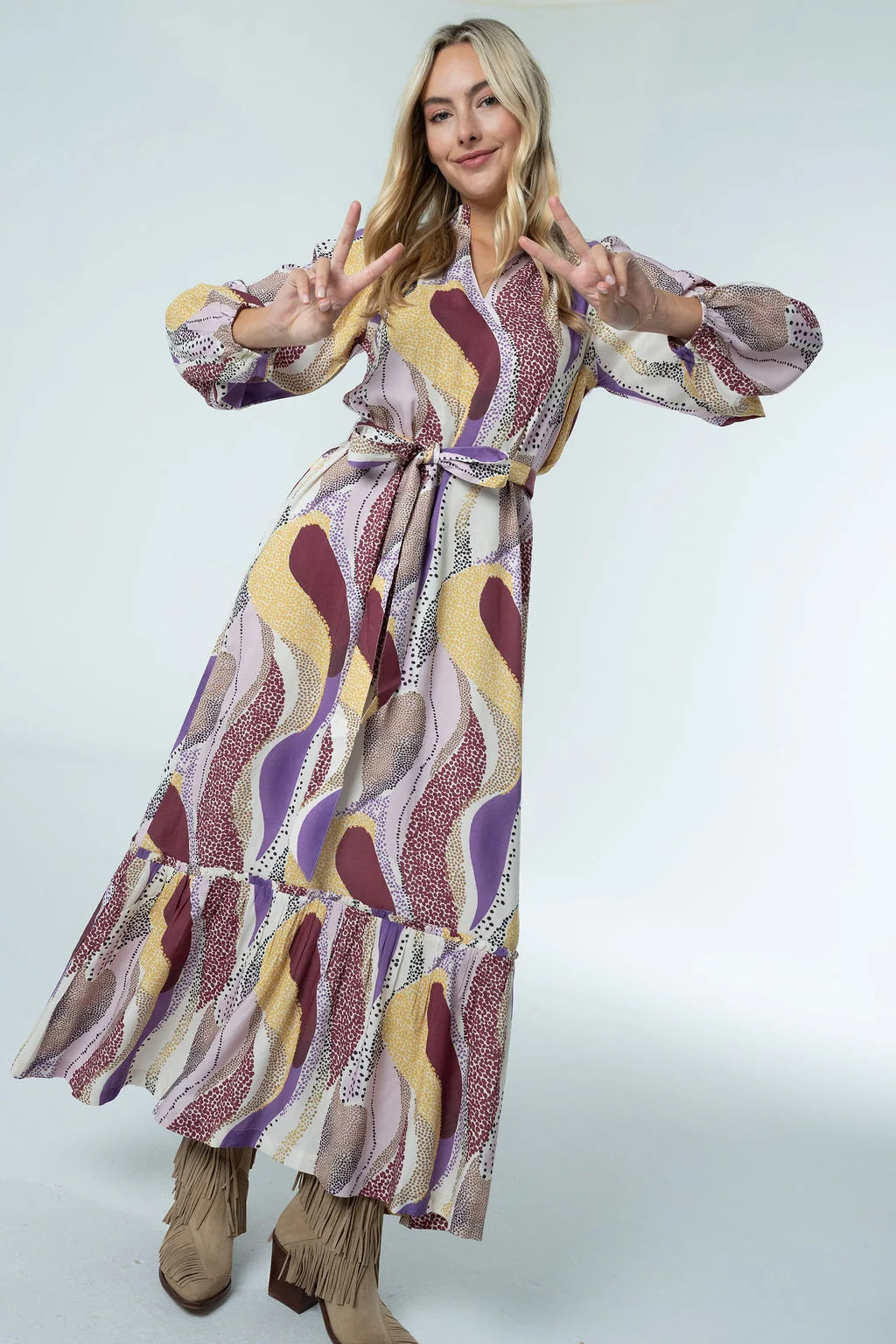 Briton Court Evelyn Maxi Dress in Desert Mirage abstract swirl print, full-length view showing tiered hem and flowing viscose fabric