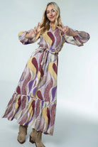 Briton Court Evelyn Maxi Dress in Desert Mirage abstract swirl print, full-length view showing tiered hem and flowing viscose fabric