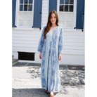 Blue Kali Maxi dress from Briton Court's Nantucket collection, flowing fabric and elegant design perfect for summer occasions.