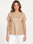 Shyama Top by Another Love in Heathered Gold, front view showing rounded neckline, short sleeves, and straight hem