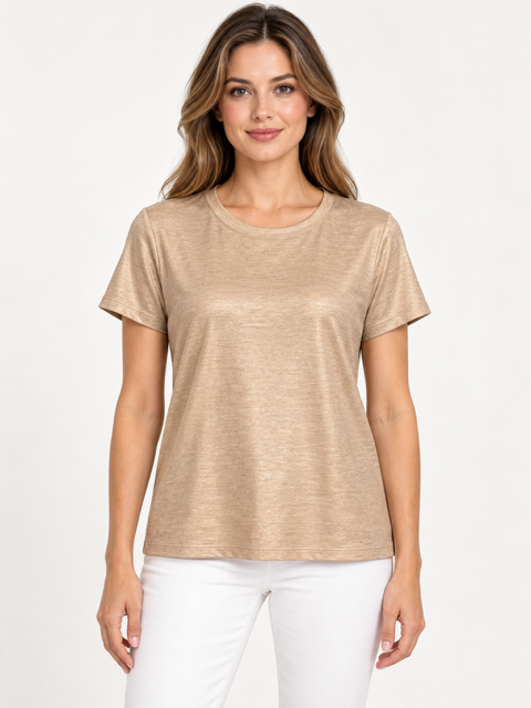 Shyama Top by Another Love in Heathered Gold, front view showing rounded neckline, short sleeves, and straight hem