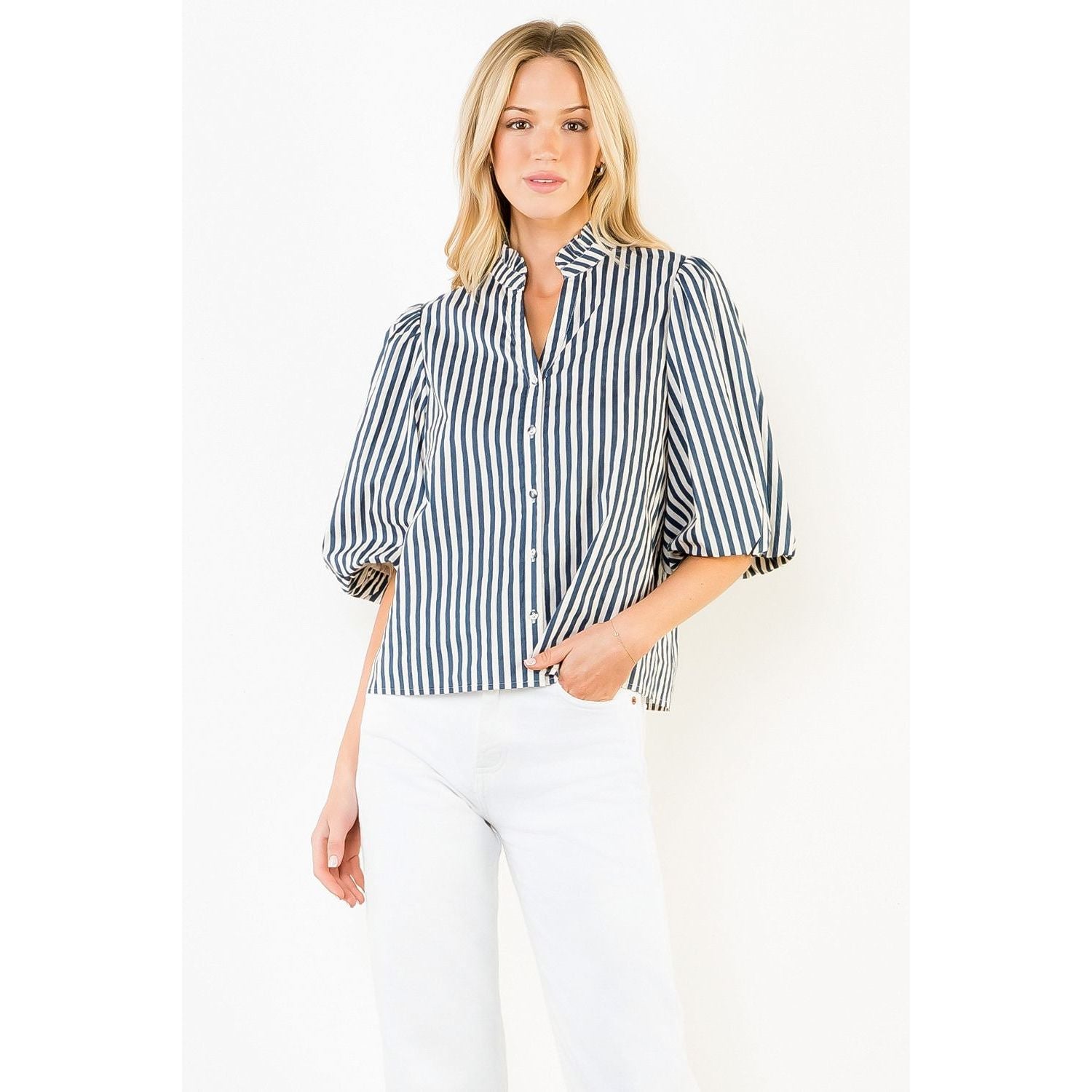 Cammietop THML button down blue and white stripe blouse WCT3713