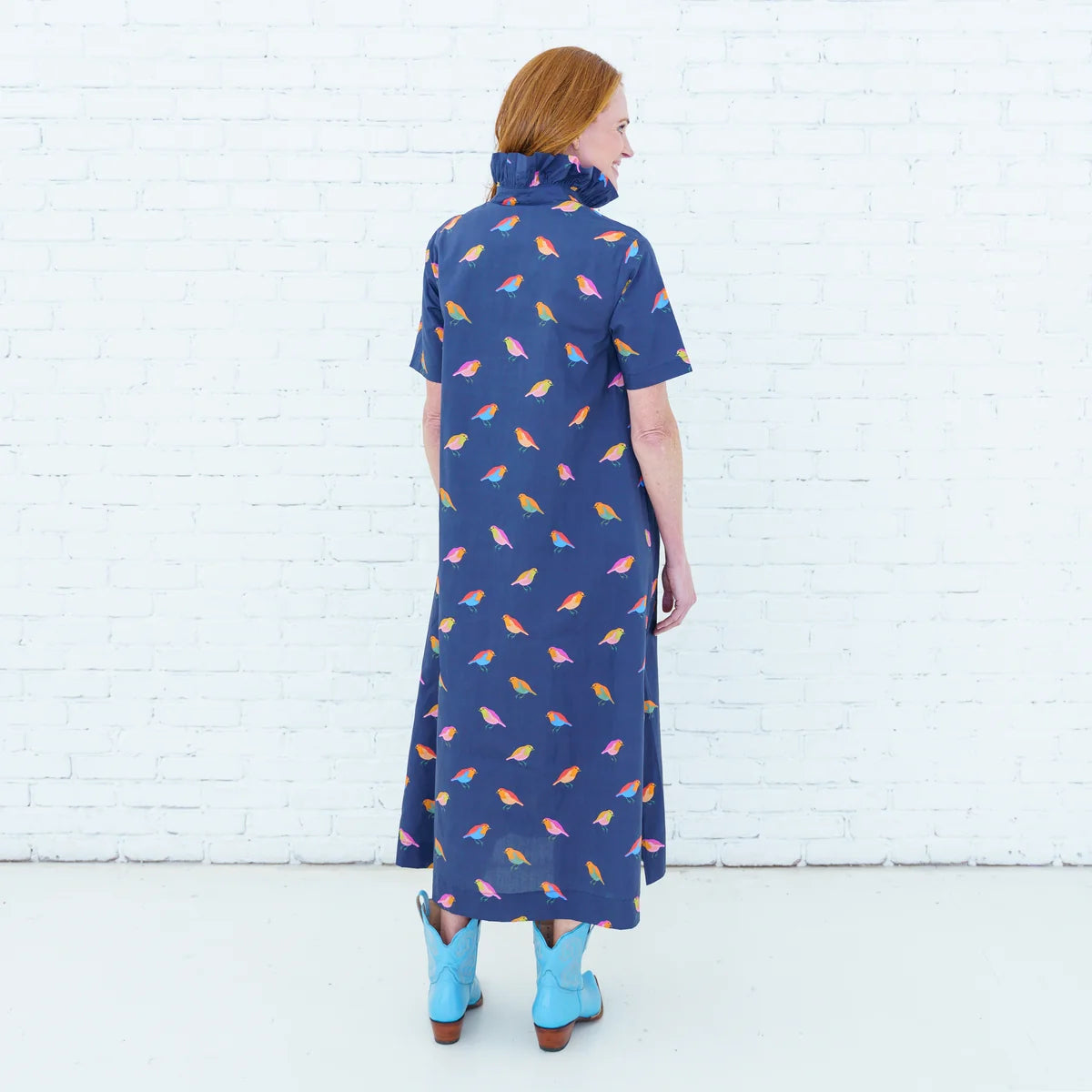 Caryn Lawn Georgia Body in navy bird print, A-line midi silhouette, short sleeve, back view