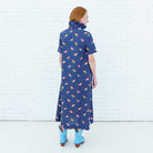 Caryn Lawn Georgia Body in navy bird print, A-line midi silhouette, short sleeve, back view