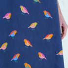 Caryn Lawn Georgia Body navy bird print close-up, multicolor illustrated birds on navy cotton poplin