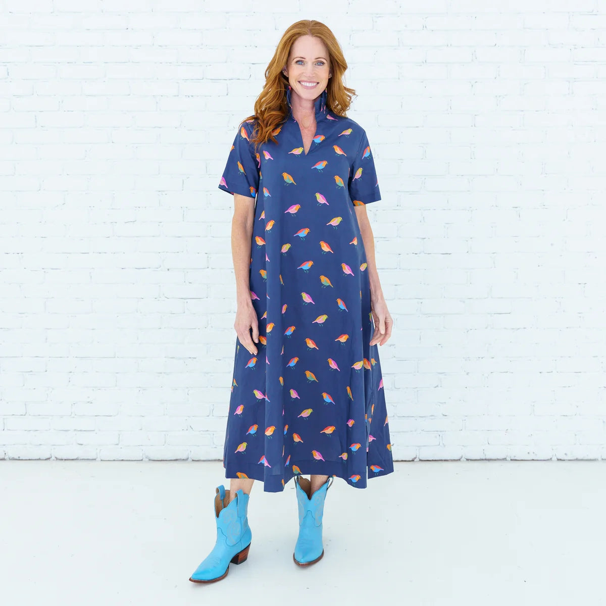 Caryn Lawn Georgia Body in navy bird print, A-line midi silhouette, split neckline, short sleeve, front view
