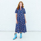 Caryn Lawn Georgia Body in navy bird print, A-line midi silhouette, split neckline, short sleeve, front view