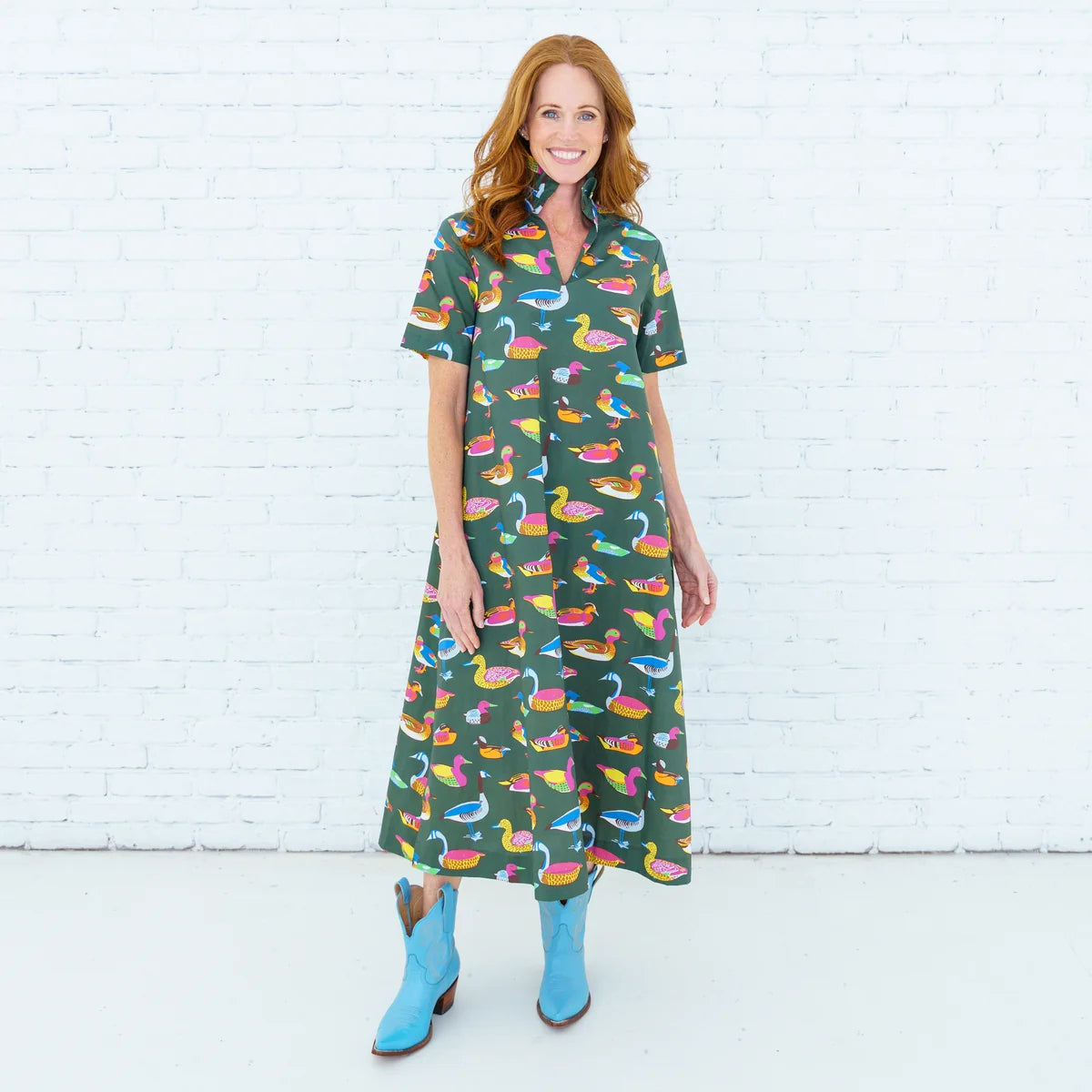 Caryn Lawn Georgia Body in olive duck print, A-line midi silhouette, ruffle neckline, short sleeve, front view