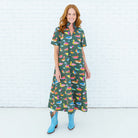 Caryn Lawn Georgia Body in olive duck print, A-line midi silhouette, ruffle neckline, short sleeve, front view