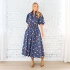 Caryn Lawn Sutton Skirt in navy bird print, full-length midi skirt, smocked waistband, full view