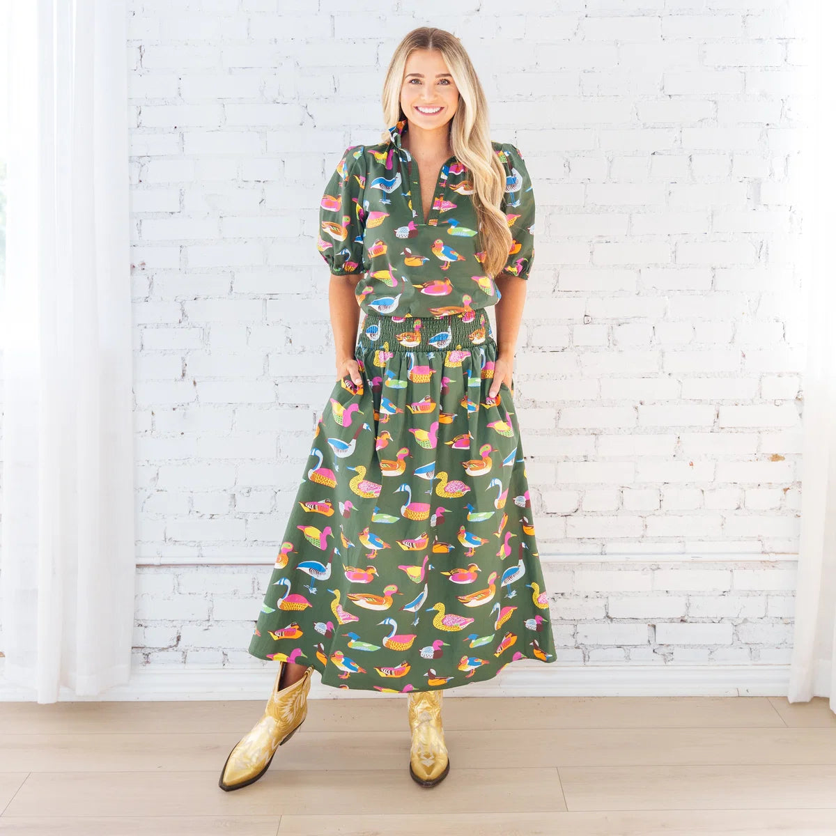 Caryn Lawn Sutton Skirt in olive duck print, gathered midi skirt, smocked waistband, front view with matching top