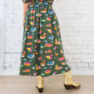 Caryn Lawn Sutton Skirt in olive duck print, multicolor duck print on olive green cotton poplin, back close-up-view