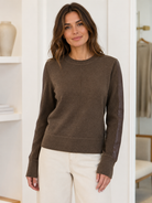 Central Park West Heather Sweater CF26-10097S in brown with vegan leather trim, full length view