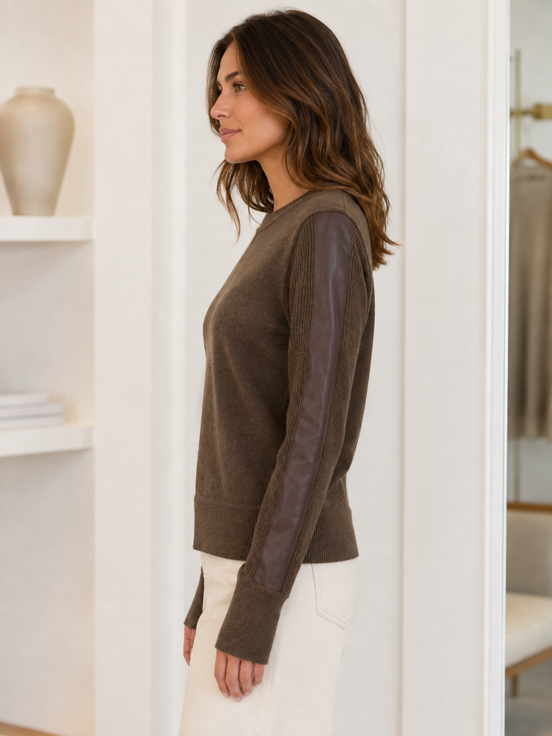 Central Park West Heather Sweater CF26-10097S in brown with vegan leather trim, side view