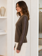 Central Park West Heather Sweater CF26-10097S in brown with vegan leather trim, side view