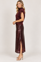 Kate Ruffled Collar Dolman Sweater by Central Park West in burgundy, side view with dolman sleeve