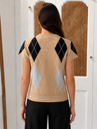 entral Park West Rachel Sweater CG26-10727S khaki black gray argyle cap sleeve, back view